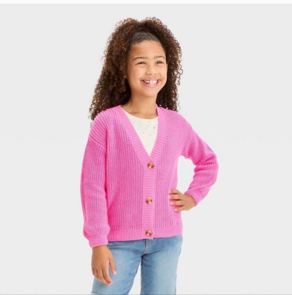 Girls' Short Waffle Button-Front Sweater - Cat & Jack Dark Pink M(8) - Picture 2 of 12